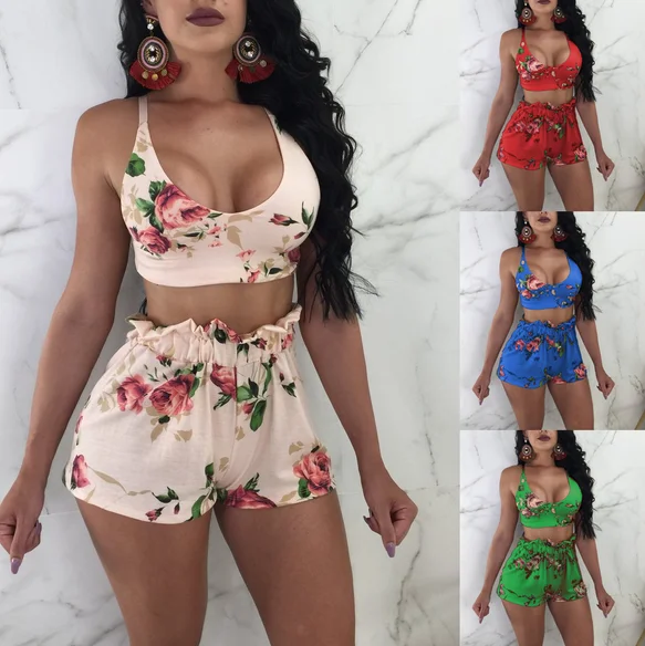

Summer 2Pcs Set Women Floral Sleeveless Crop Top Shorts Outfits Summer Casual Female Set Beach Club Clothes