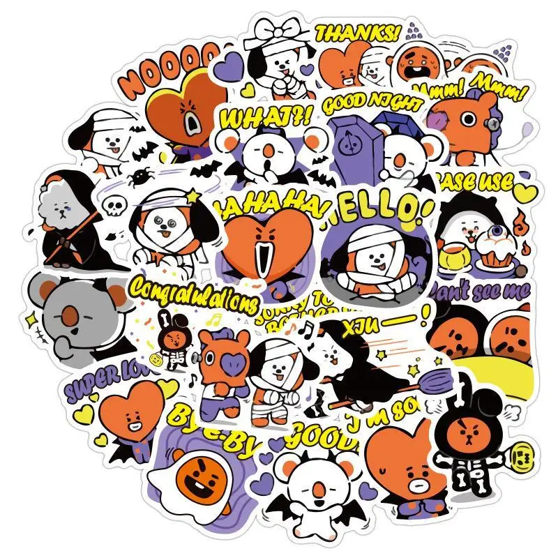 

24Pcs Bt21 Stickers Halloween Kawaii Holiday Ornaments Cute Anime Rj Tata Chimmy Koya Cooky Waterproof Diy Material Kids Gifts