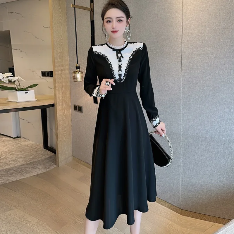 

xxl Spring Dress 2023 High Quality Women Black White Color Block Patchwork Beading Button Long Sleeve Mid-Calf Length Dress