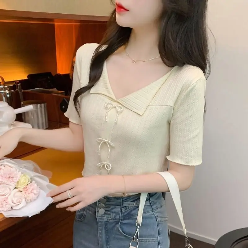 Женская рубашка с бантом и V-образным вырезом свободного покроя