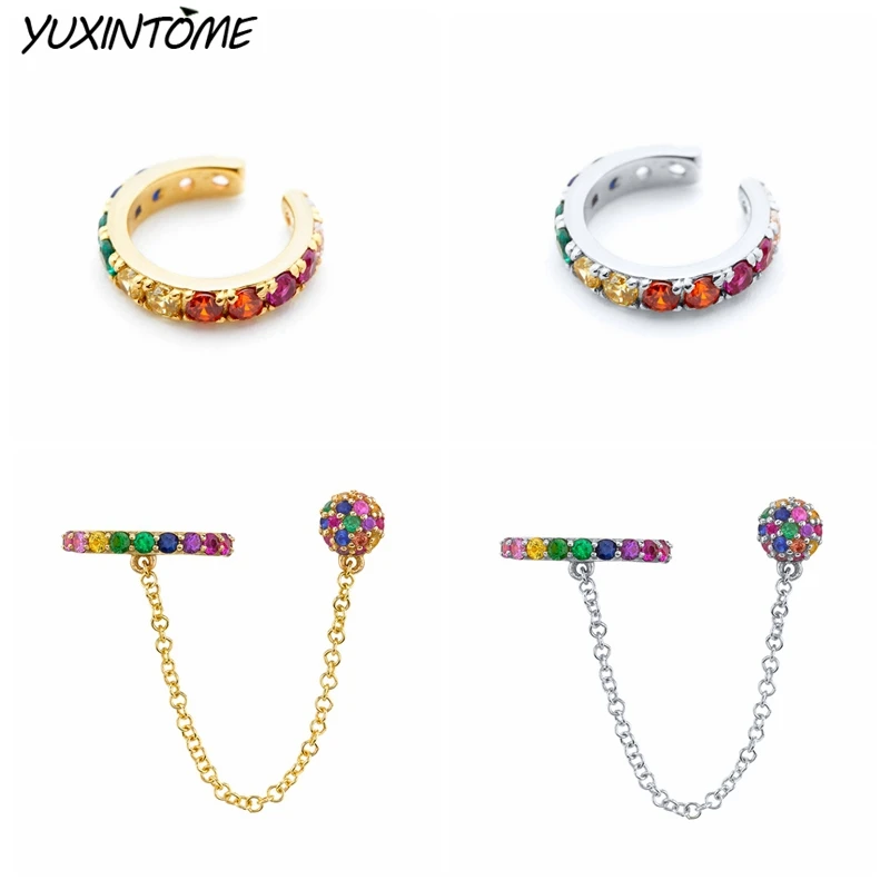 

925 Sterling Silver Needle Rainbow Zircon Clip on Earrings for Women 18K Metal Chain Delicate Stud Earrings Fashion Jewelry