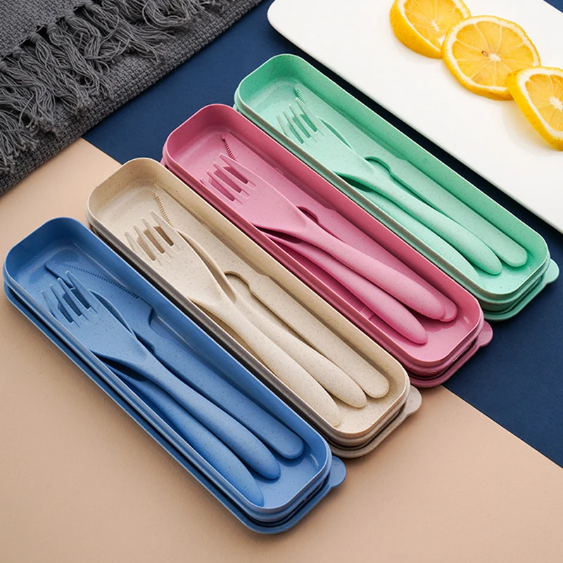 

Creative Wheat Straw Tableware Set Children's Chopsticks Fork Spoon Three-Piece Portable Boxed Reusable Cutlery Set Eco-Friendly