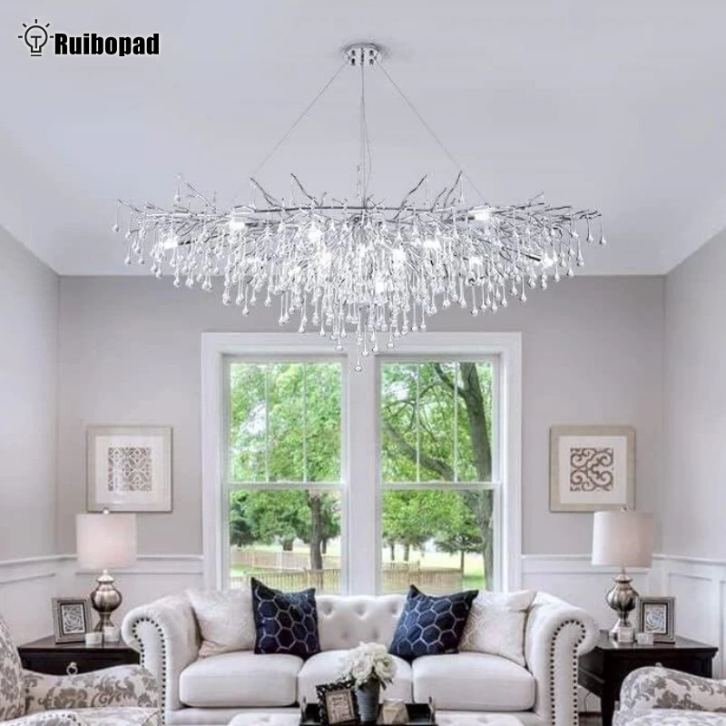 

Silver Rectangular Crystal Chandelier for Living Room Restaurant Hanging Crystal Ceiling Lamp Raindrop Pendant Lighting Fixture
