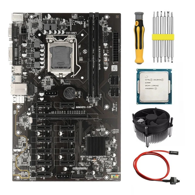 B250 BTC Mining Motherboard G3900 CPU+Fan+Switch Cable+Screwdriver 12 PCIE Graphics Card Slot LGA1151 DDR4 DIMM SATA3.0