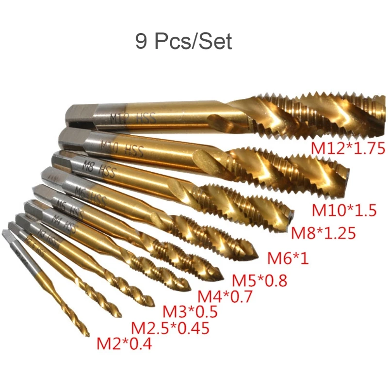 

9pcs M2-M12 for TITANIUM Coated High Speed Steel HSS Screw Thread Metric Spiral Hand Plug Tap Drill Bits Kit Drop Shipping