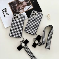 fashion luxury houndstooth pattern with lanyard girl hard case for iphone 11 12 13 pro max 7 8 plus xr x xs se 2020 cover fundas