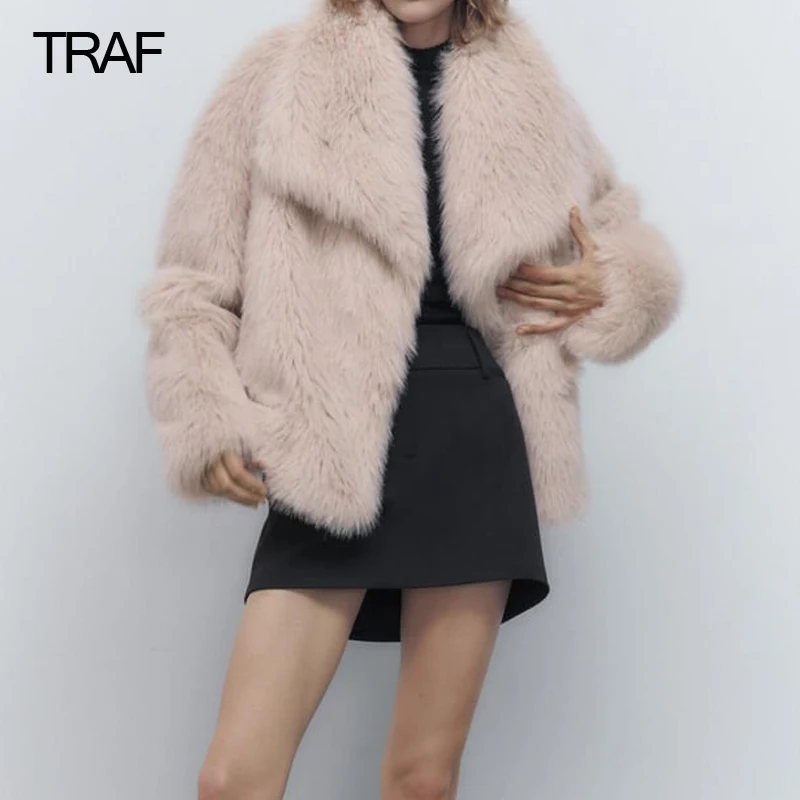 

TRAF Faux Fur Coat Women Beige Cropped Fluffy Jacket For Women Warm Winter 2022 Long Sleeve Women's Cold Crop Coat Heavy Jackets