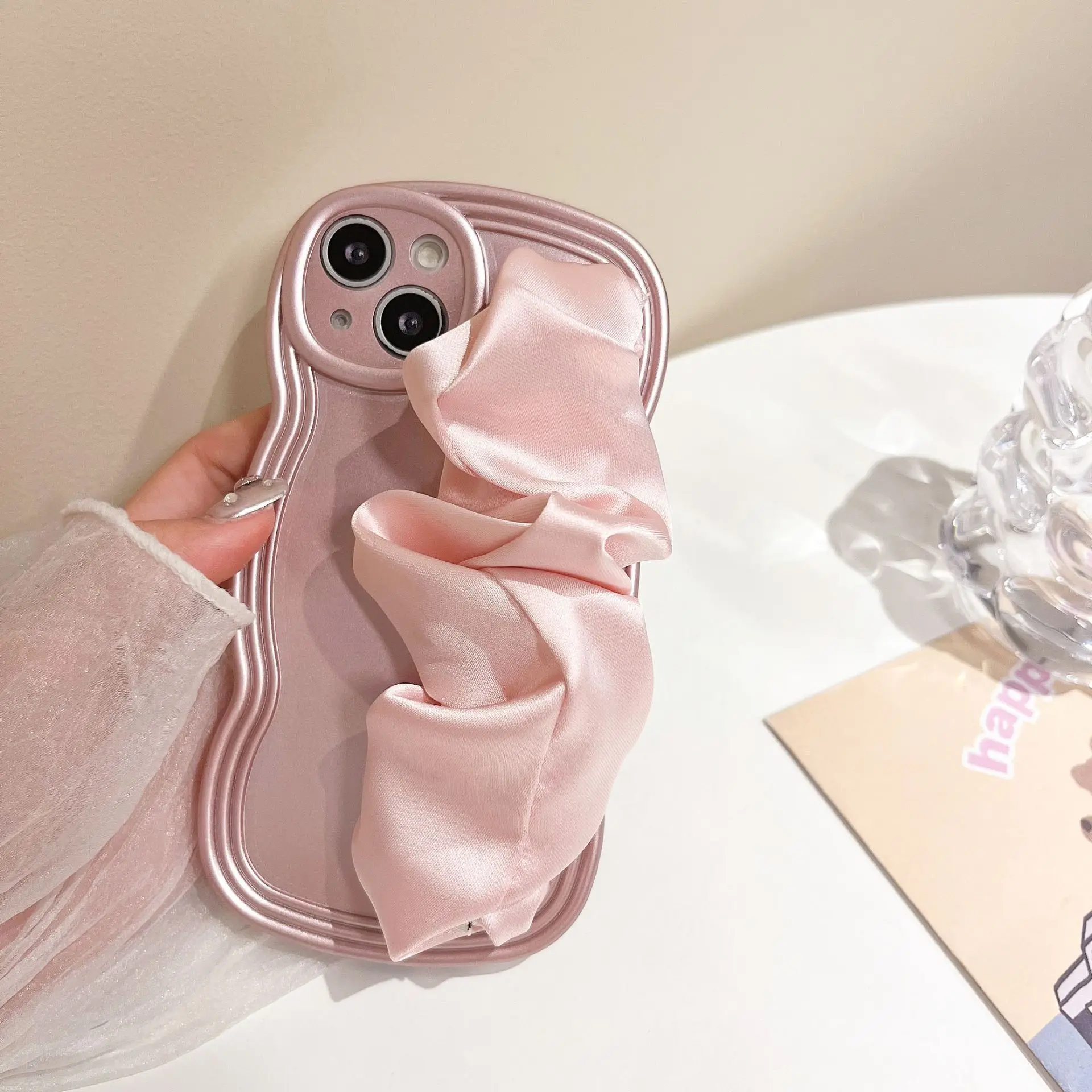 Розовый Шелковый чехол для телефона с шарфом девушек iPhone 15 15Pro 14 13 12 11 Pro x xs Max xr