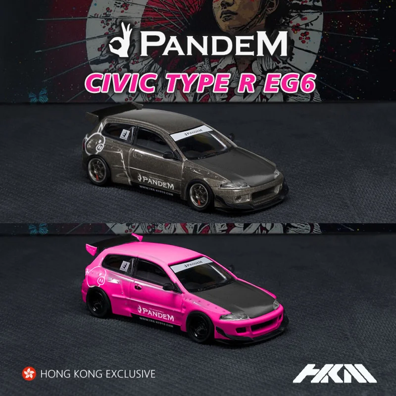 

HKM 1:64 Civic Type R EG6 Rocket Pandem Bunny Grey Metallic Bright Pink Diorama Alloy Car Model Collection Miniature Carros Toys