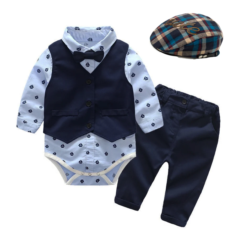 Baby Clothes Autumn Boys Suits New born Gentleman Party Costume Soft Cotton Jumpsuit + Shorts Baptism Dress Newborn Gift Set