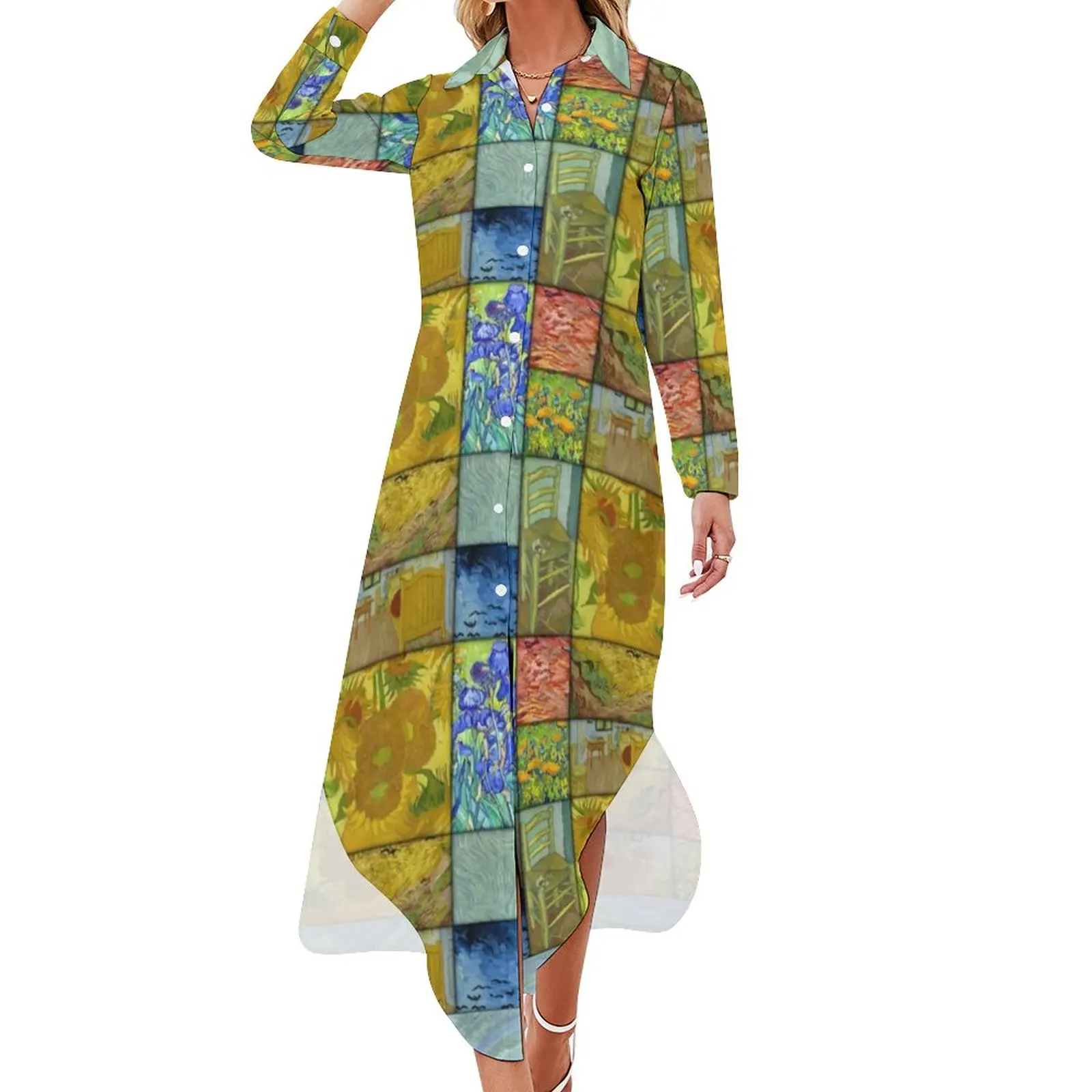 

Van Gogh Quilt Chiffon Dress Sunflowers Irises Modern Dresses Long Sleeve Street Fashion V Neck Print Oversized Casual Dress