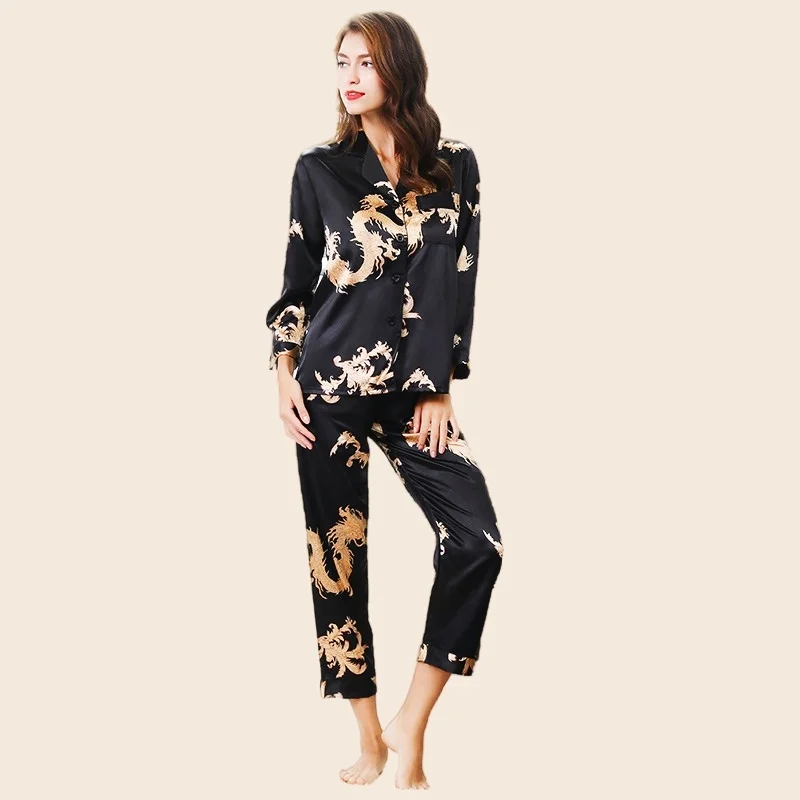 Women's Pajamas Set Rayon Full Sleeve Top Long Pants Summer Dragon Print Soft Pyjama Cozy Homewear Love Print Fashion PJS