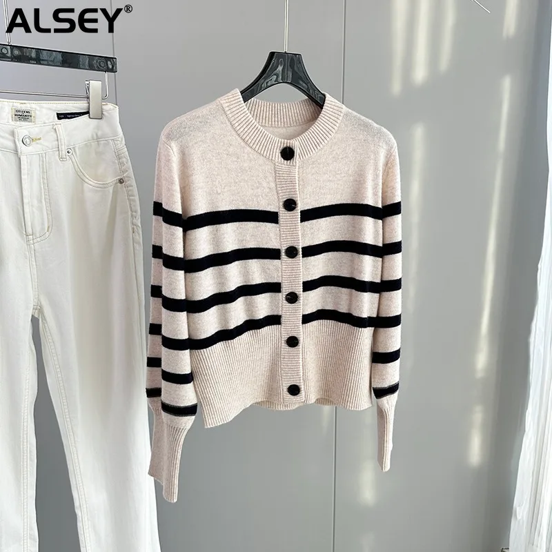 

ALSEY Autumn New Comfort Soft Cashmere Clashing Women Sweater Striped Streetwear Long Sleeve Casual Daily Wear Hundred Coat