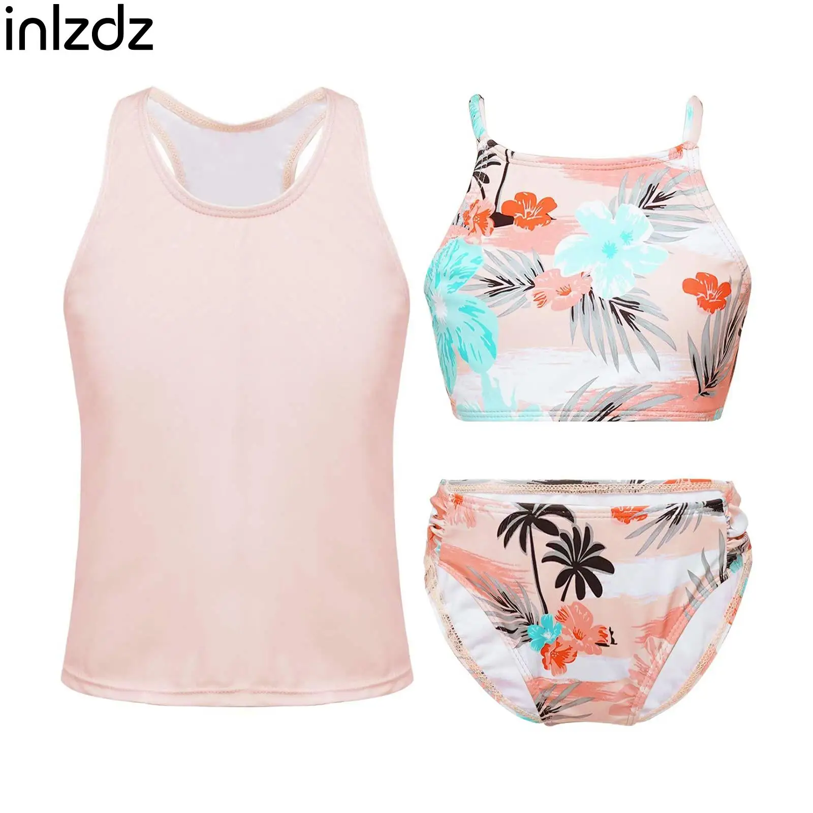 

inIzdz Kids Girls 130-160 Three Piece Plants Print Swimwear Solid Vest Bikini Set with Straps Beachwear Cover ups Bathing Suits