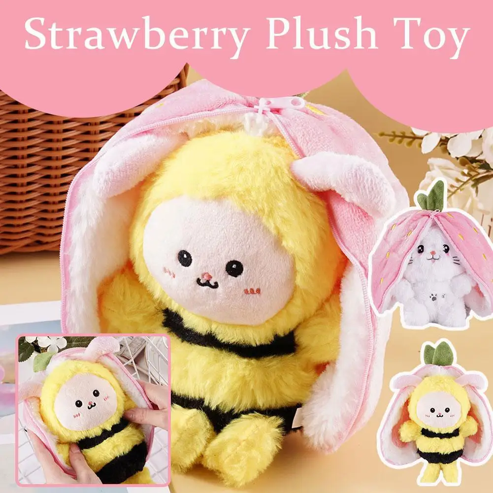 

20cm Funny Bee Plush Toy Stuffed Soft Bee Hiding In Strawberry Bag Toys For Kids Birthday Gift K3b3