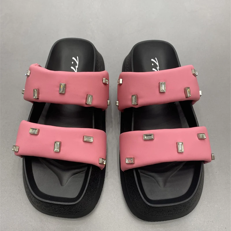 

Шлепанцы женские на платформе и среднем каблуке, модные сандалии, шлепанцы для пляжа, шлепанцы с кристаллами, сланцы, лето 2023