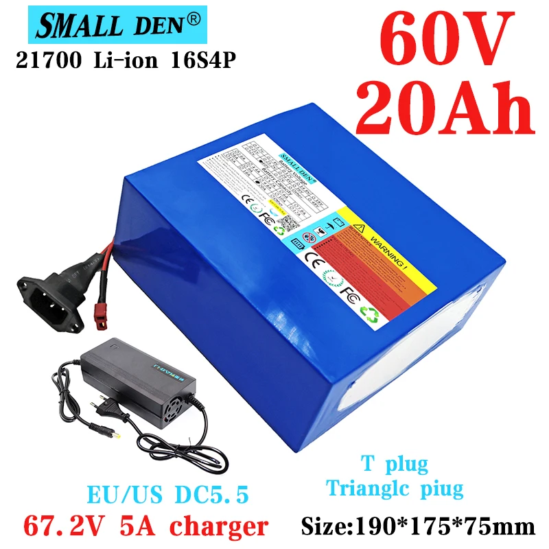 60V 20ah lithium battery pack for electric bicycle and scooter 67.2V 21700 16S4P 1000W 2500W rechargeable + 5A charger |