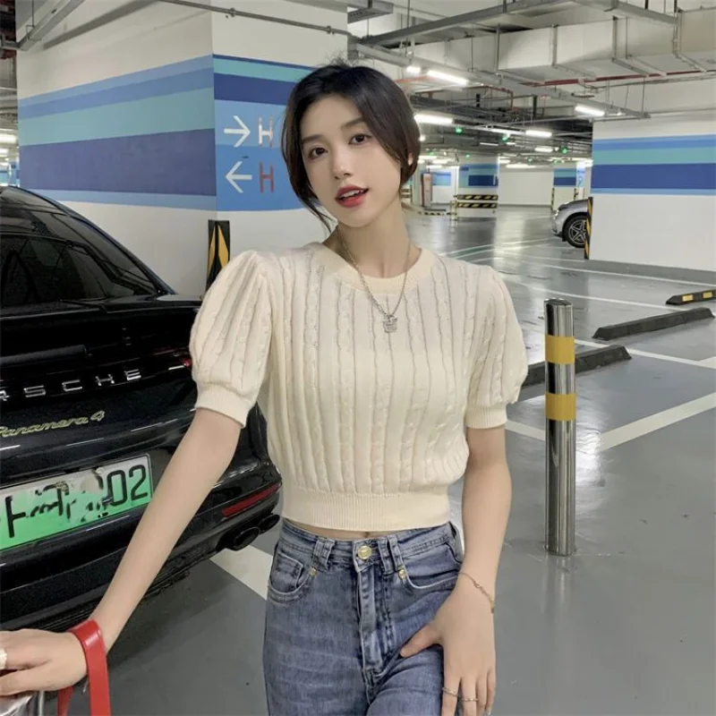 Женские рубашки с круглым вырезом ажурный пуловер буфами и коротким рукавом топы