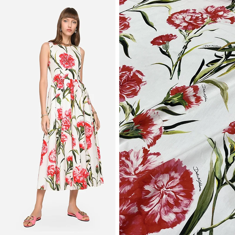 

Весна и Лето Европейская и американская мода показ Чистый хлопок печатная ткань женская поплин высокого класса большой красный цветок ткань