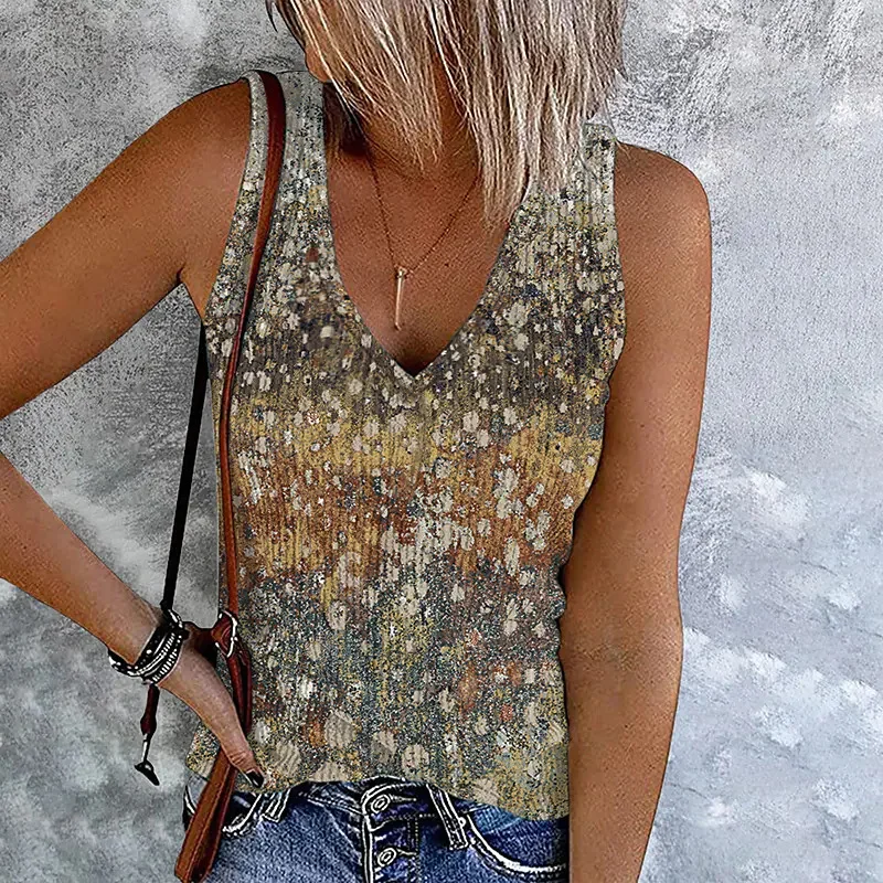 

Elegant Casual Loose Top Summer Woman Sleeveless V Neck Sexy Blouse 2023 Fashion Print Shirt Vintage Blusas Vest Tank Top 26134