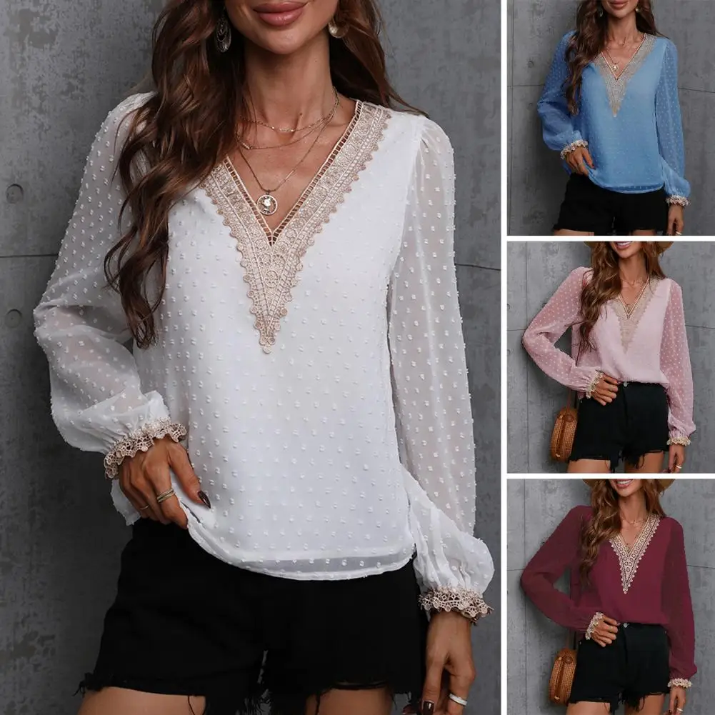 

V Hals Lange Mouwen Jacquard Decor Effen Kleur Casual Blouse Herfst Kant Patchwork Trim Chiffon Top Vrouwelijke Kleding