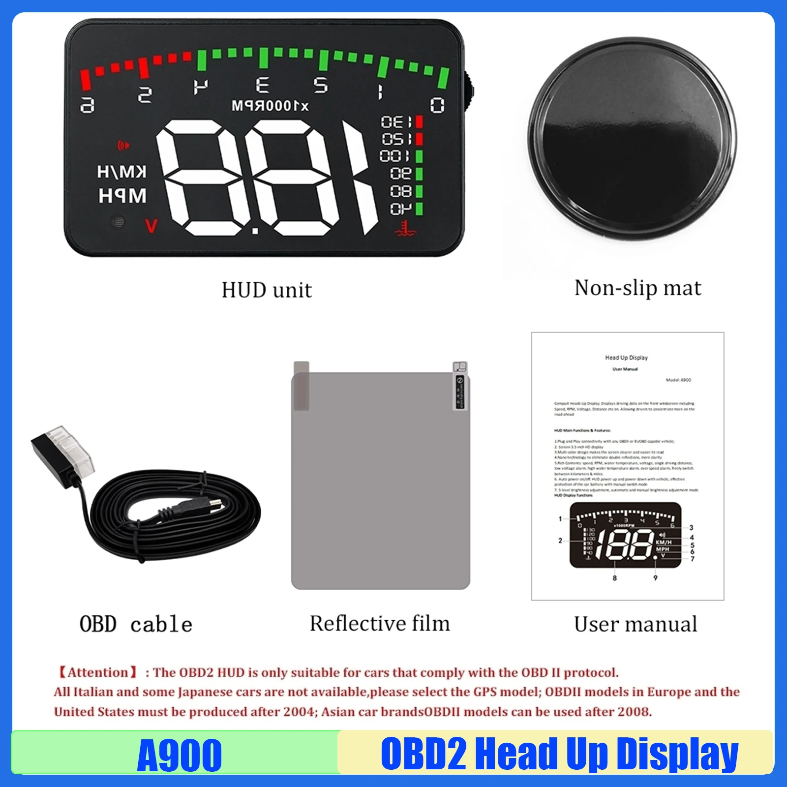 

A900 HUD проектор на лобовое стекло автомобильный спидометр цифровой светодиодный OBD2 автомобильный проекционный дисплей температура воды напряжение сигнализация превышения скорости на заказ