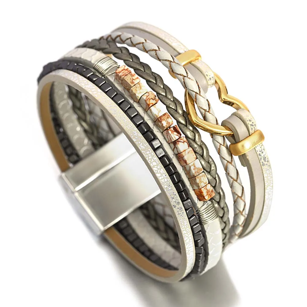 

Amorcome Vintage Natural Stones Heart Charm Leather Wrap Bracelets for Women Boho Braided Layered Bracelet with Magnetic Clasp