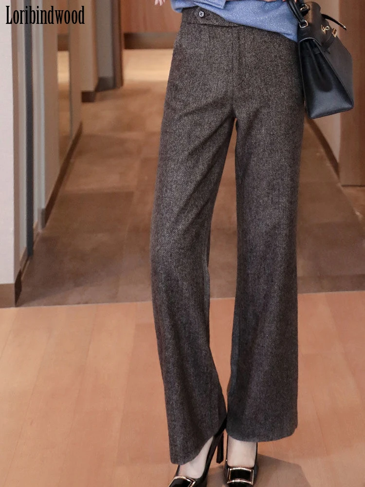 Фото Осень/Зима 2022 винтажные шерстяные широкие брюки женские свободные прямые брюки для похудения и универсальные широкие брюки №3