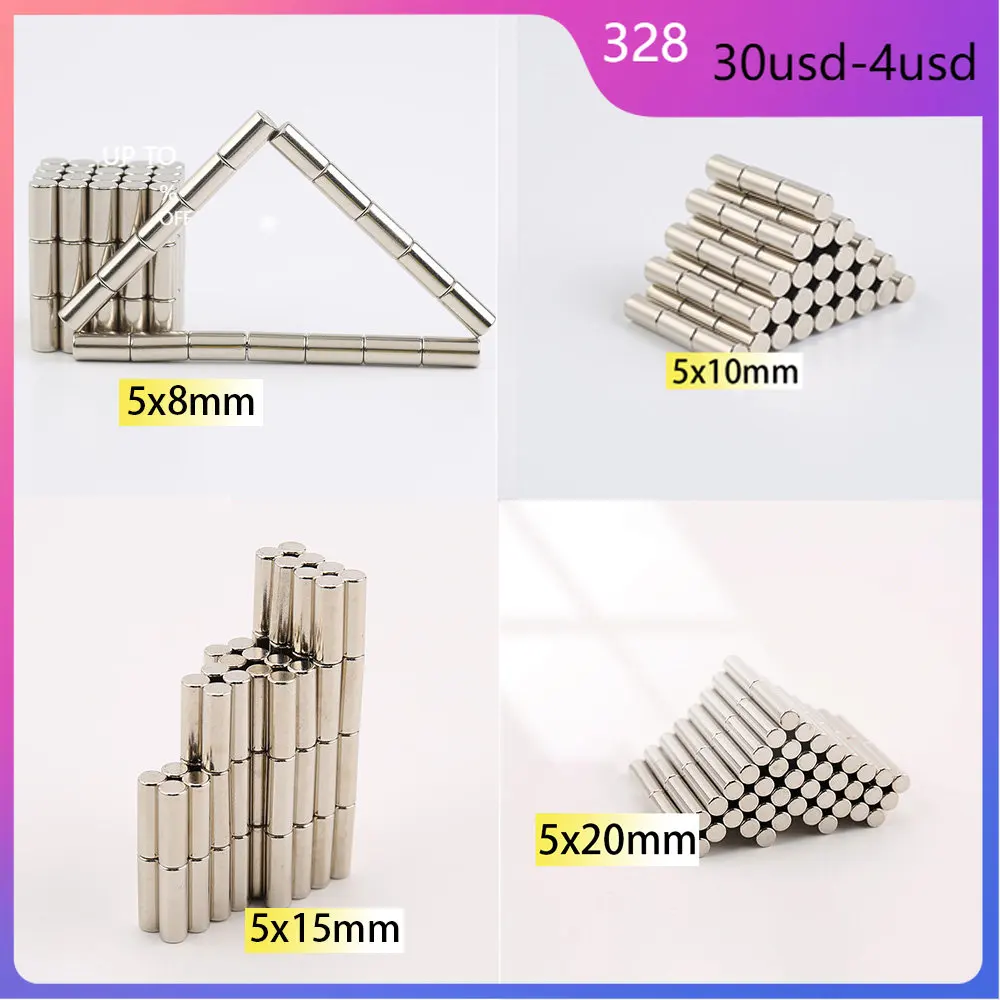 

30-80pcs 5x8mm 5x10mm 5x15mm 5x20mm Round Mini Magnet N35 powerful Neodymium 5*20mm Magnets for door Search Magnetic Fridge