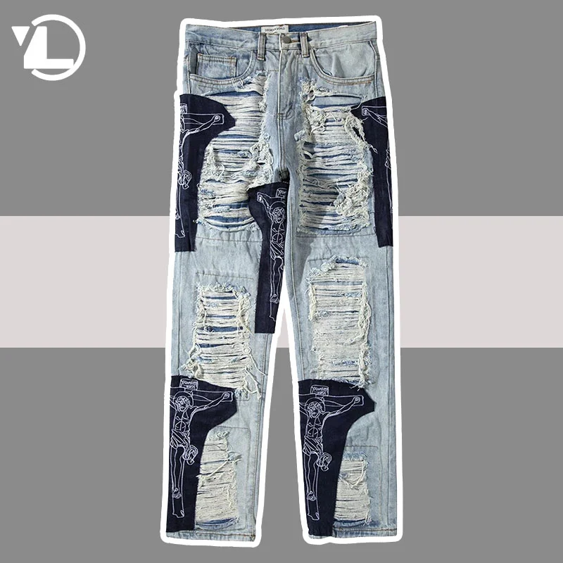 

Hole Fringe Jeans Men Jesus Cross Embroidery High Street Pants Tassel Ripped Retro Denim Trousers Baggy Harajuku Jean Pant Male