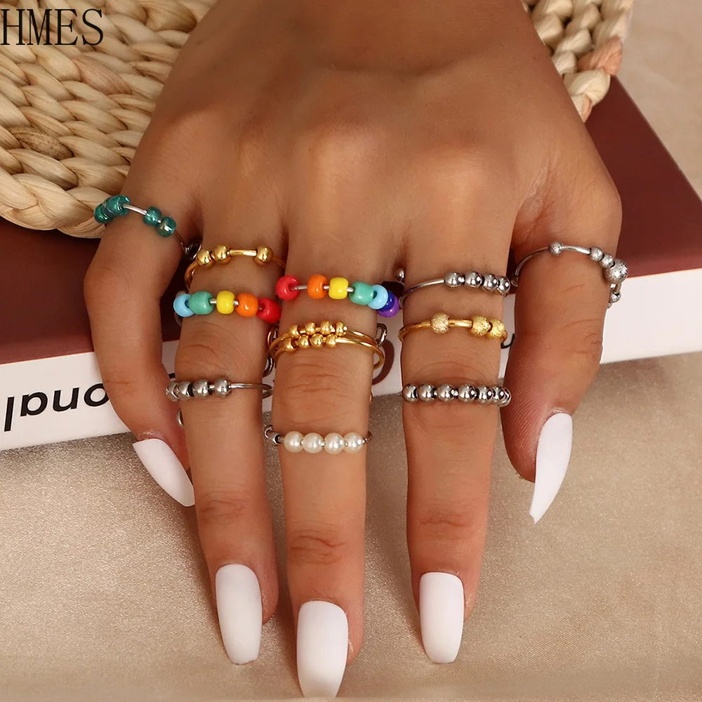 

HMES Bohemian Colorful Rice Beads Can Turn Round Natural Stone Rings Opening Adjustable Ring Stainless Steel Metal Jewelry