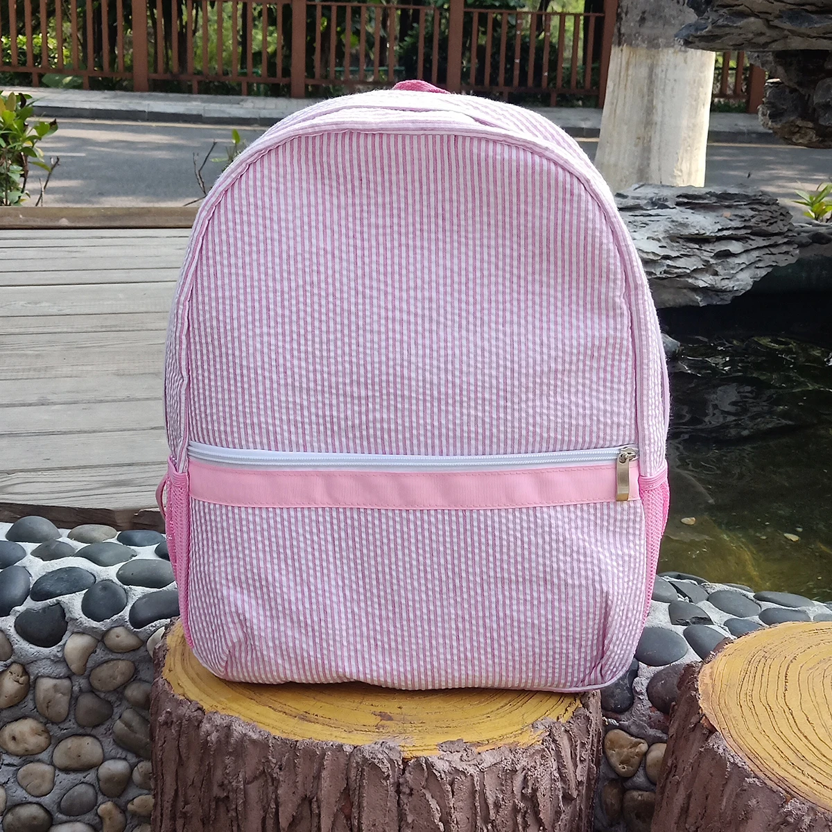 Toddler Seersucker Backpack Set Cildren's School Backpack Bag Pink Small Lightweight Backpack For Kids With School Lunch Bag