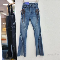 lace up split skinny jeans for women fashion 2022 summer clothes new girl trousers retro brown denim pants ripoped tassel