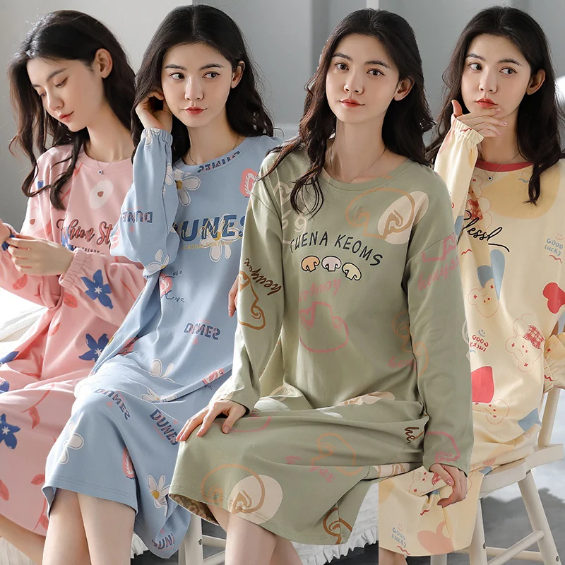 

2023 Autumn Long Sleeve 100% Cotton Print Nightgowns for Women Korean Cute Sleepwear Student Dress Night Dress Nightdress Nighty