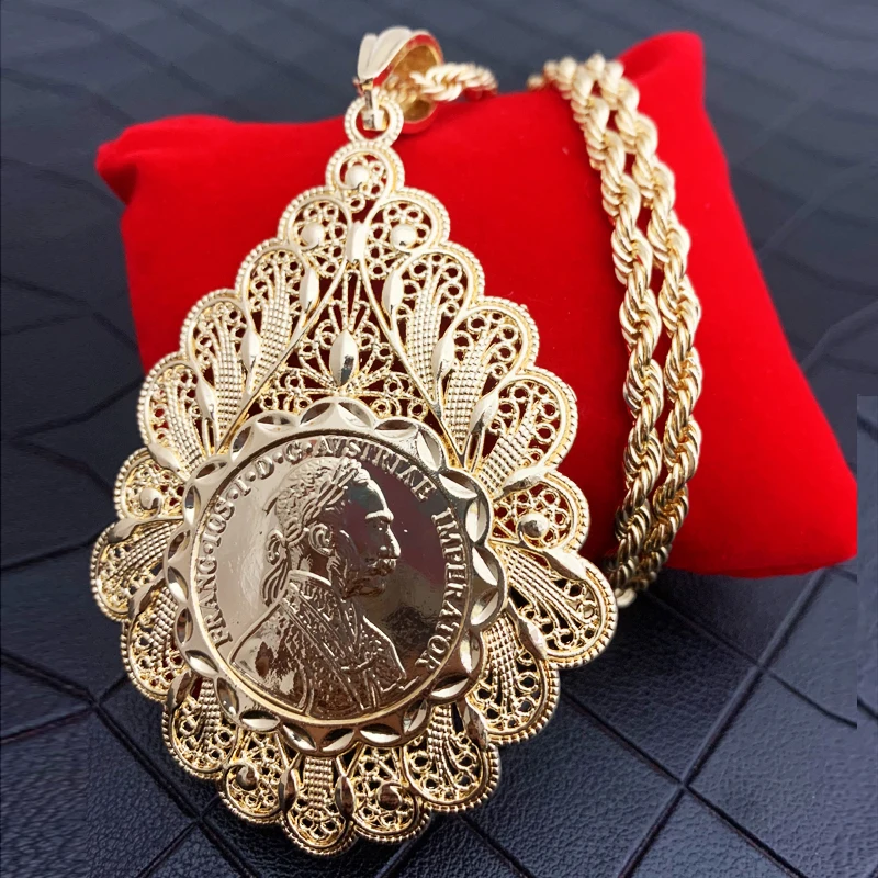 

Luxury French Vintage Coin Pendant Dubai Women's Necklace Slide Chain Arab Women's Abaya Ornaments Algeria Gold Necklace Pendant