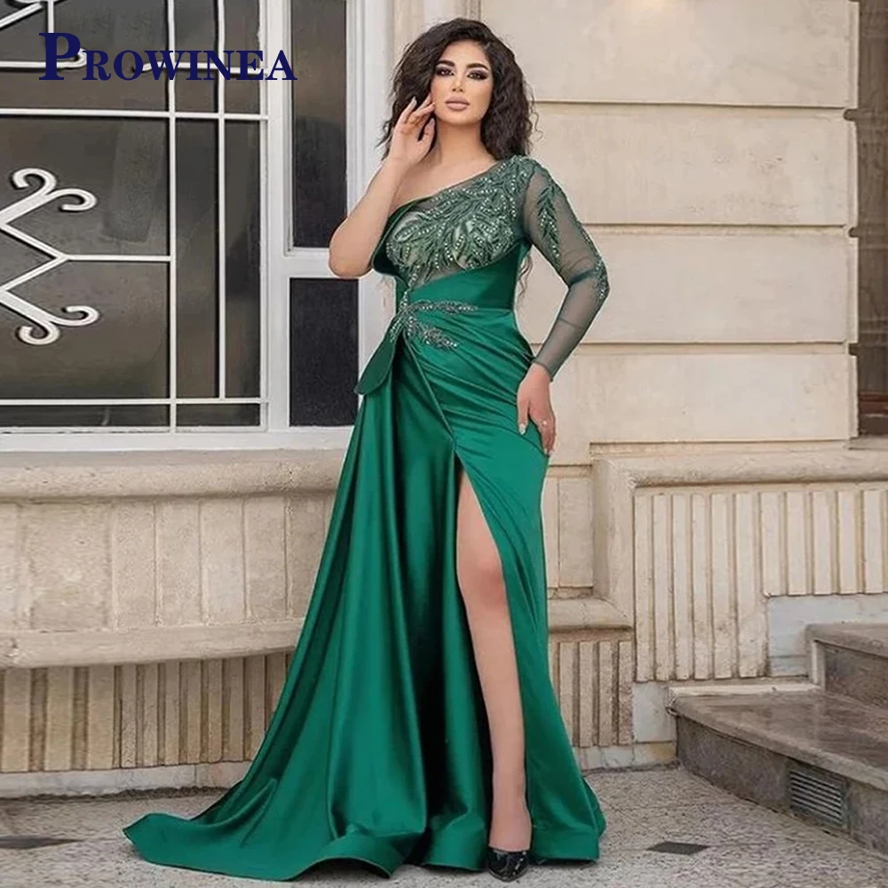 

Prowinea Slit Mermaid Court Train Evening Dress One Shoulder Prom Sequined Pleat Appliques Vestidos Robes De Soirée Custom Made