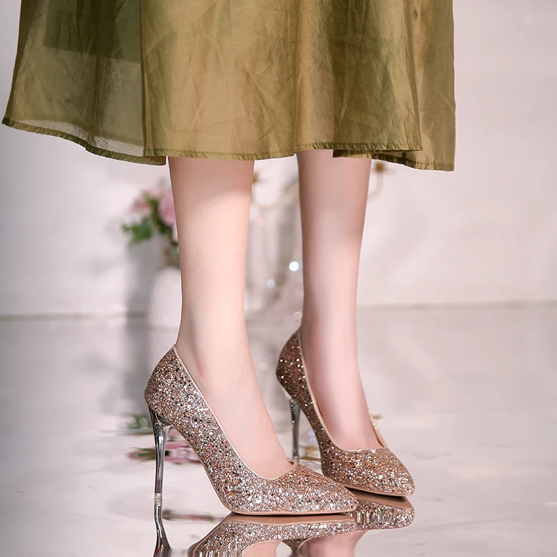 

Sexy Thin Super High Heel Summer Pointed Toe Slingback Women's Pumps Luxury Designer Sequin Shoe Lady Wedding Heels Plus Size 45