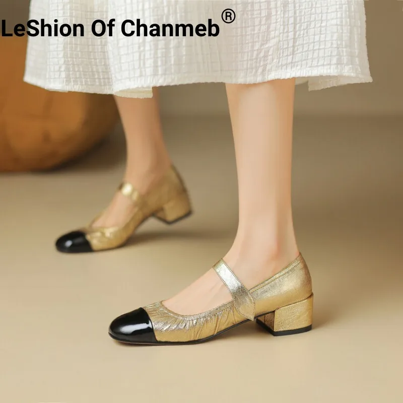 

Женские золотистые туфли-лодочки LeShion Of Chanmeb из натуральной кожи, серебристые плиссированные Туфли Мэри Джейн на среднем каблуке, разные цвета, женская обувь 42