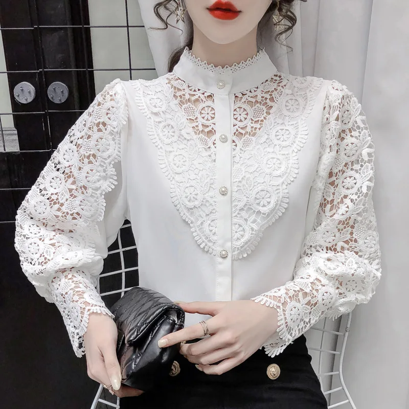 

Pearl Button Cardigan Shirts for Women Spring Fashion Hook Flower Hollow Out Lace Patchwork Long Sleeve Blouse Woman Office Wear
