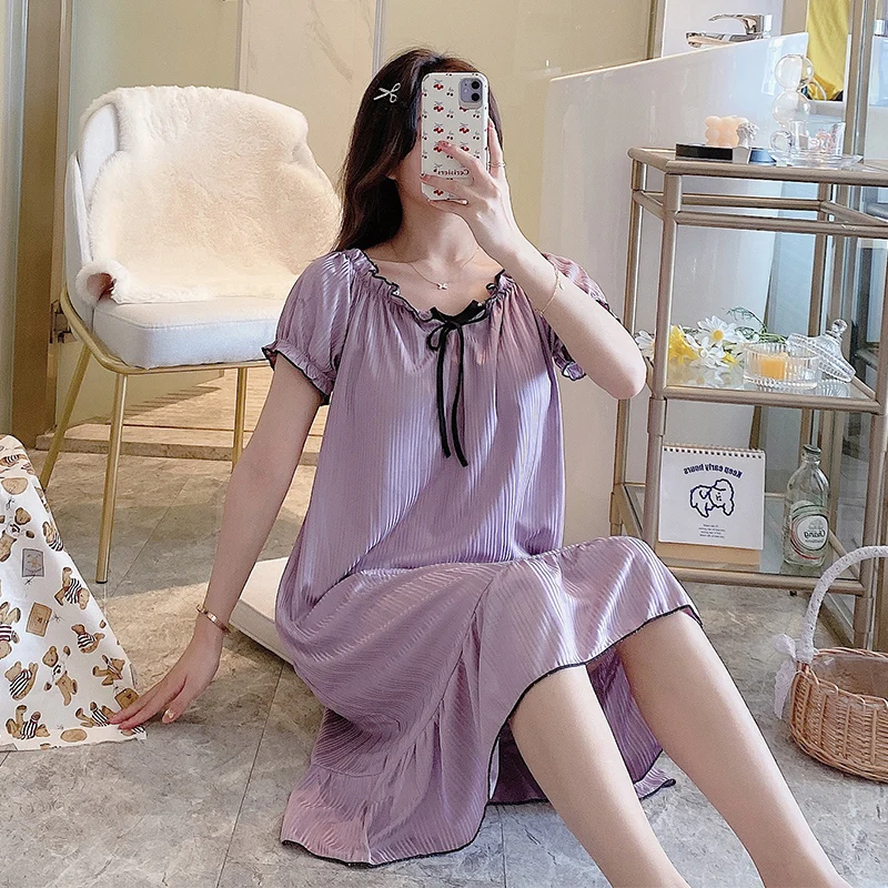 

New Summer Women Short Sleeve Padded Nightdress Bow Pit Strip Female O Neck Nightgown Mid Calf Thin Solid Home Sleepwear