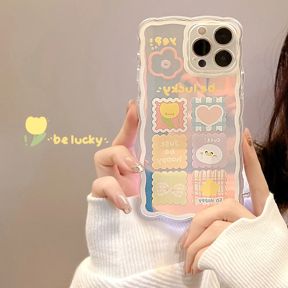 

Cute Cartoon Animal Graffiti Laser Wavy Frame Phone Case For iPhone 11 12 13 Pro Xs Max Xr X 7 8 Puls SE 2 Soft TPU Cover