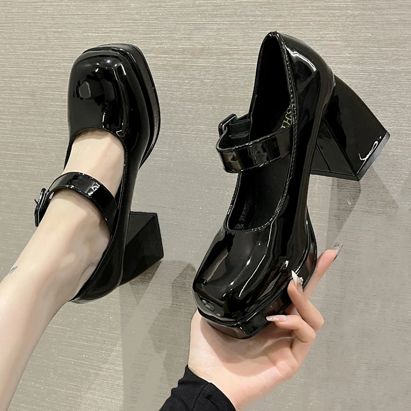 

Туфли-лодочки женские на платформе, элегантные кожаные туфли на толстом высоком каблуке, квадратный носок, ремешок на щиколотке, Туфли Мэри Джейн, черные, 2023