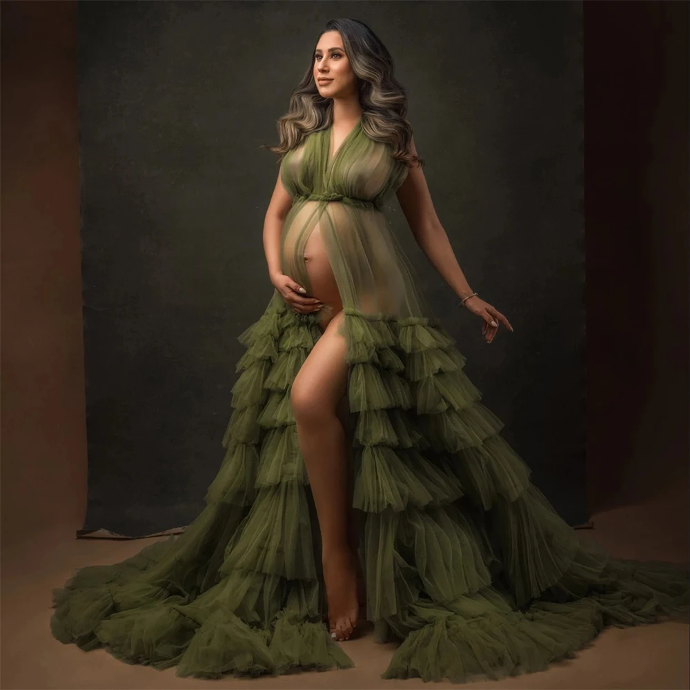 

Зеленые платья для беременных для фотосессии с разрезом спереди Многоярусные оборки платье для выпускного вечера пушистое Тюлевое платье для беременных ночное белье свадебное платье