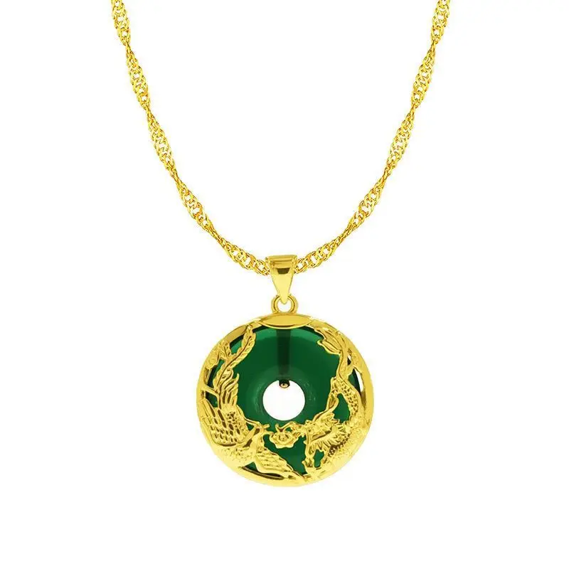 

Dragon and Phoenix Surround Green Natural Stone Round Pendant Necklace for Men Women Unique Vintage Lucky Amulet Necklace Gift