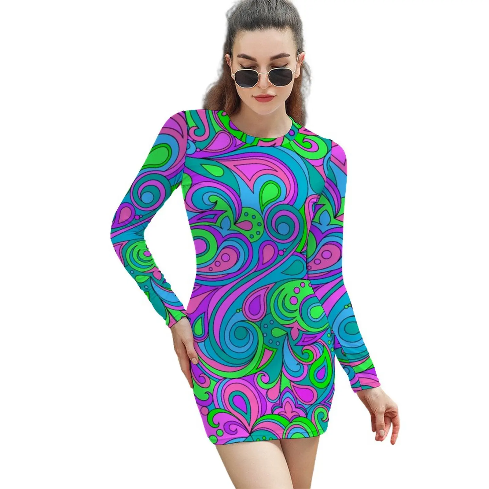 

Psychedelic Art Bodycon Dress Summer Hippy Purple Paisley Kawaii Dresses Woman Long Sleeve Print Fashion Dress Big Size 2XL