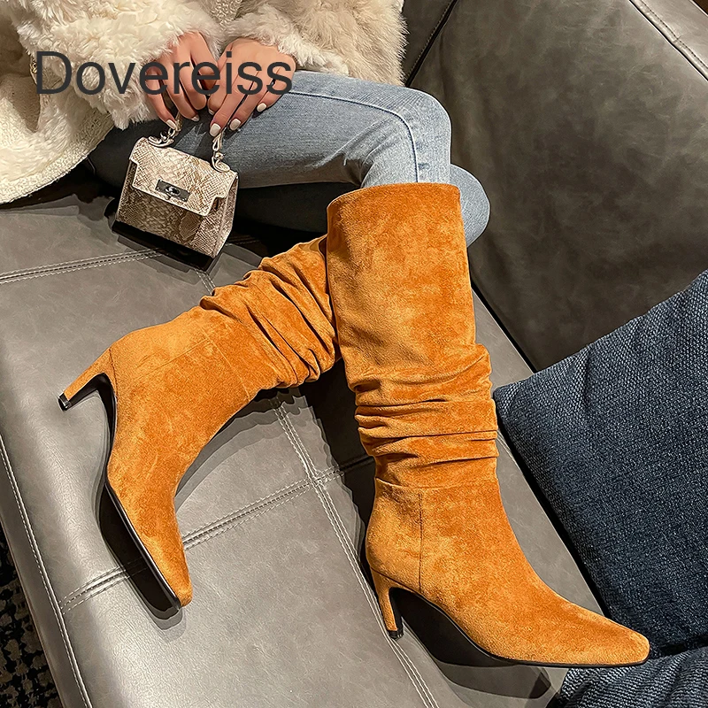 

2022 Winter Women Fashion High Heels New Genuine Leather Stilettos Heels Ladies Brown Knee High Boots Zipper Clear Heels Sexy40