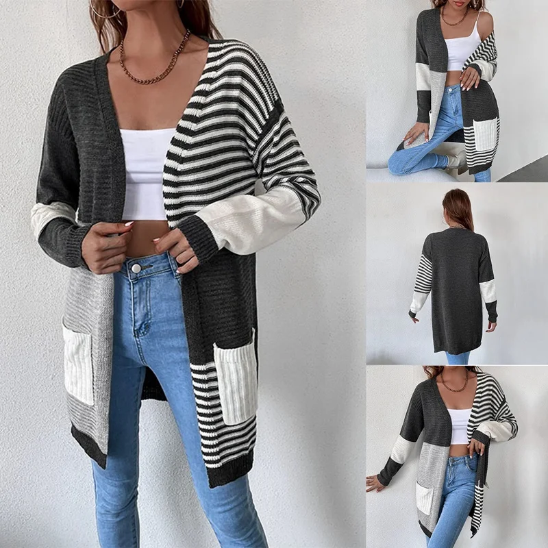 

Women's Open Front Cardigan Striped Color Block Long Sleeve Fall Long Knit Cardigan Sweater Outerwear Dark Gray