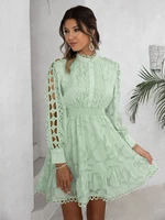 simplee elegant office green lace dress women summer hollow out patchwork buttons mini dresses long sleeve elastic waist vestido