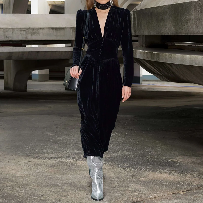 

Runway Designers Vintage Dress Women Elegant V-neck Long Sleeve Black Velvet Maxi Party Dresses Spring Autumn Vestido Feminino
