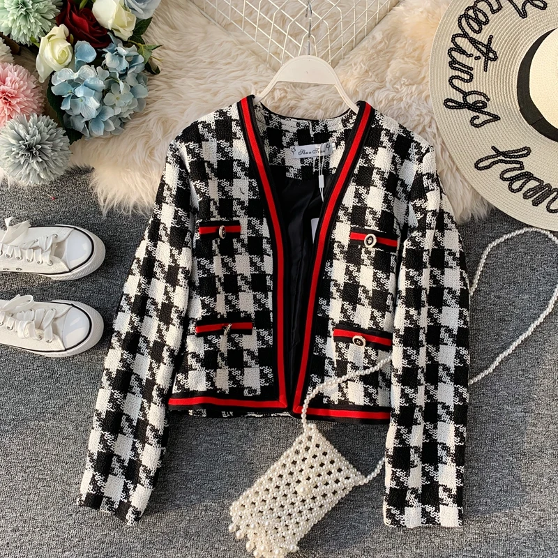 

2023 Autumn/Winter New Women's Fashion Style Checker Short Suit Coat Long Sleeve Cardigan Blazers
